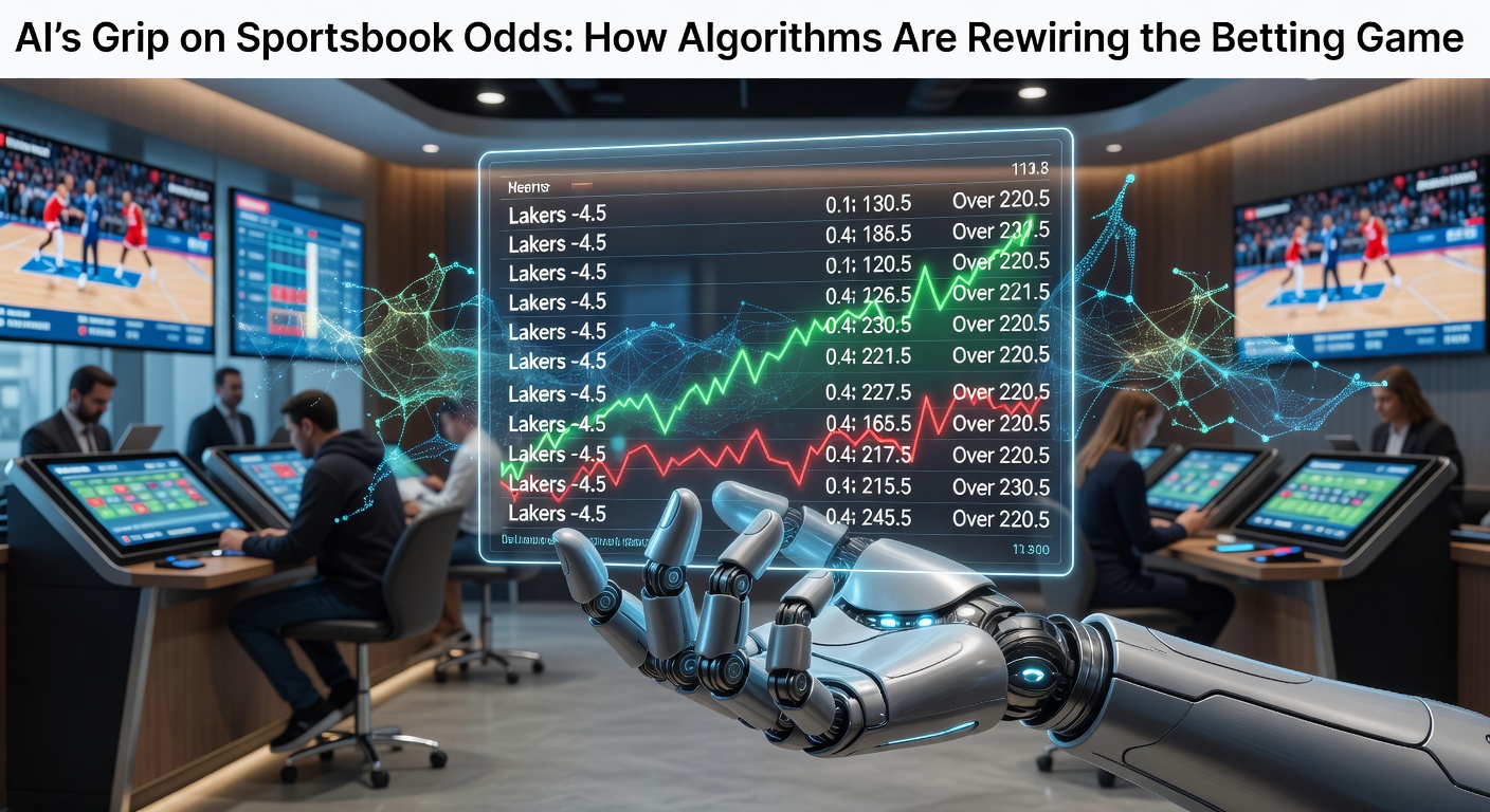Digital visualization of AI neural networks processing vast sports data streams to generate dynamic betting odds