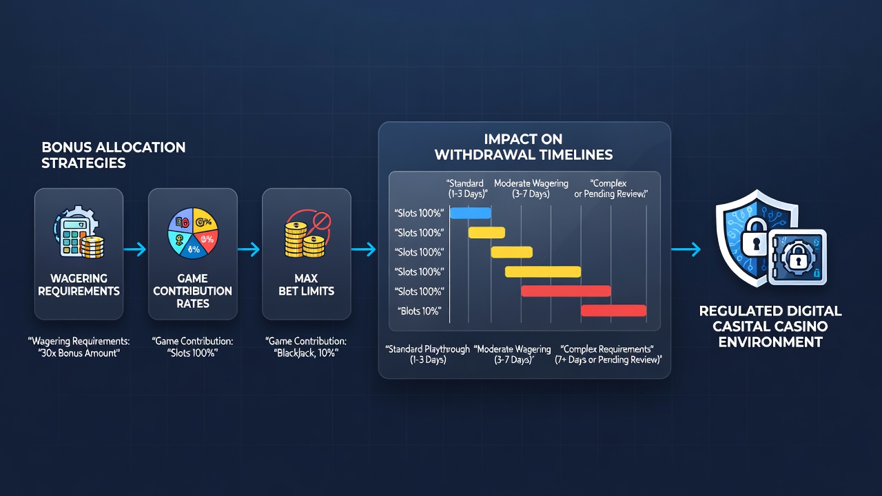 Diagram illustrating withdrawal timeline variations based on bonus types and wagering progress