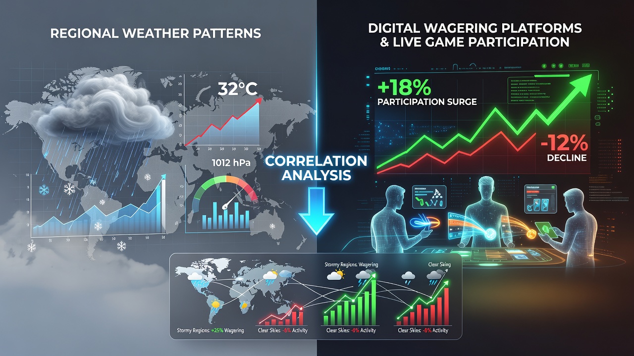 Regional weather data overlaid with digital wagering activity charts showing participation spikes during storms