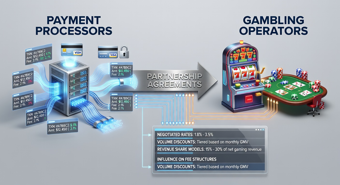 Payment processor and gambling operator discussing contract terms on a digital interface showing fee breakdowns and transaction data