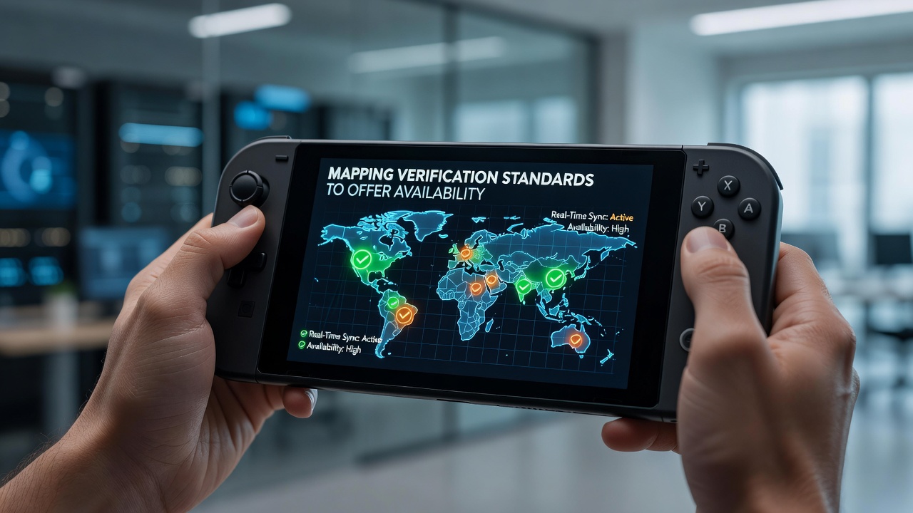 Handheld gaming device displaying real-time interface with verification overlays