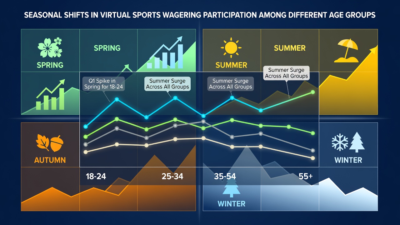 Chart illustrating age group differences in virtual sports betting volume during winter versus summer months